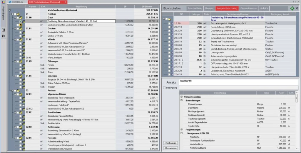 Mit der Elementkalkulation in AVA.relax den Elementen Zuordnungen von Mengen der Bauteile bestimmen
